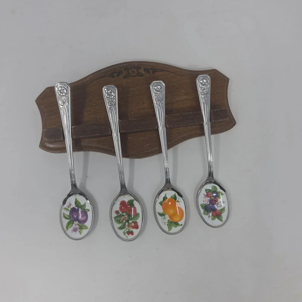 Vintage Avon Fruit de Saison Collector Spoons- Set of 4 with Wooden Rack - Japan